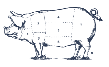 An old butcher's diagram of a pig with numbered cuts